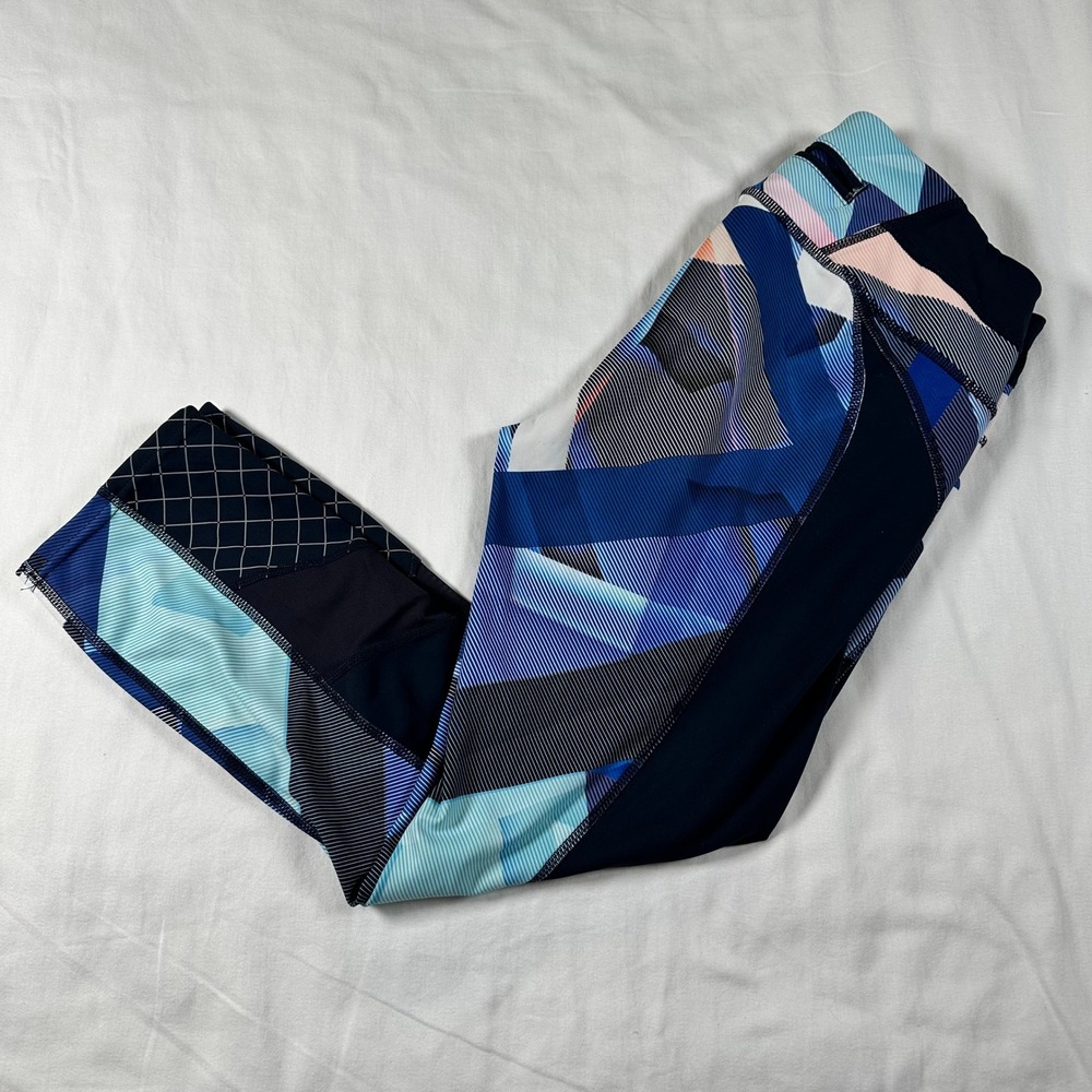 Athleta Womens Small Geometric Sonar Blue Pink Mesh Cropped Leggings Athletic
